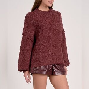 Crewneck Boucle Sweater In Burgundy Wine, NWT, L